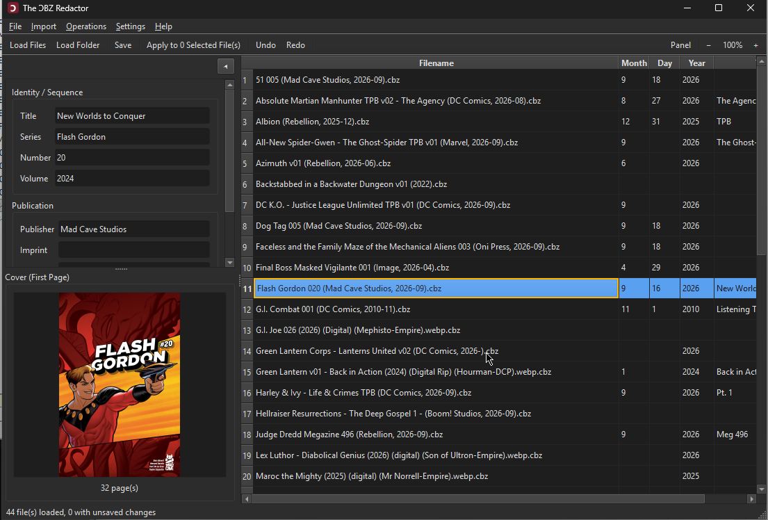 The ƆBZ Redactor's main window: a loaded comic library table on the right with Filename/Month/Day/Year columns, and the selected issue's ComicInfo.xml fields and cover preview in the left-hand panel.