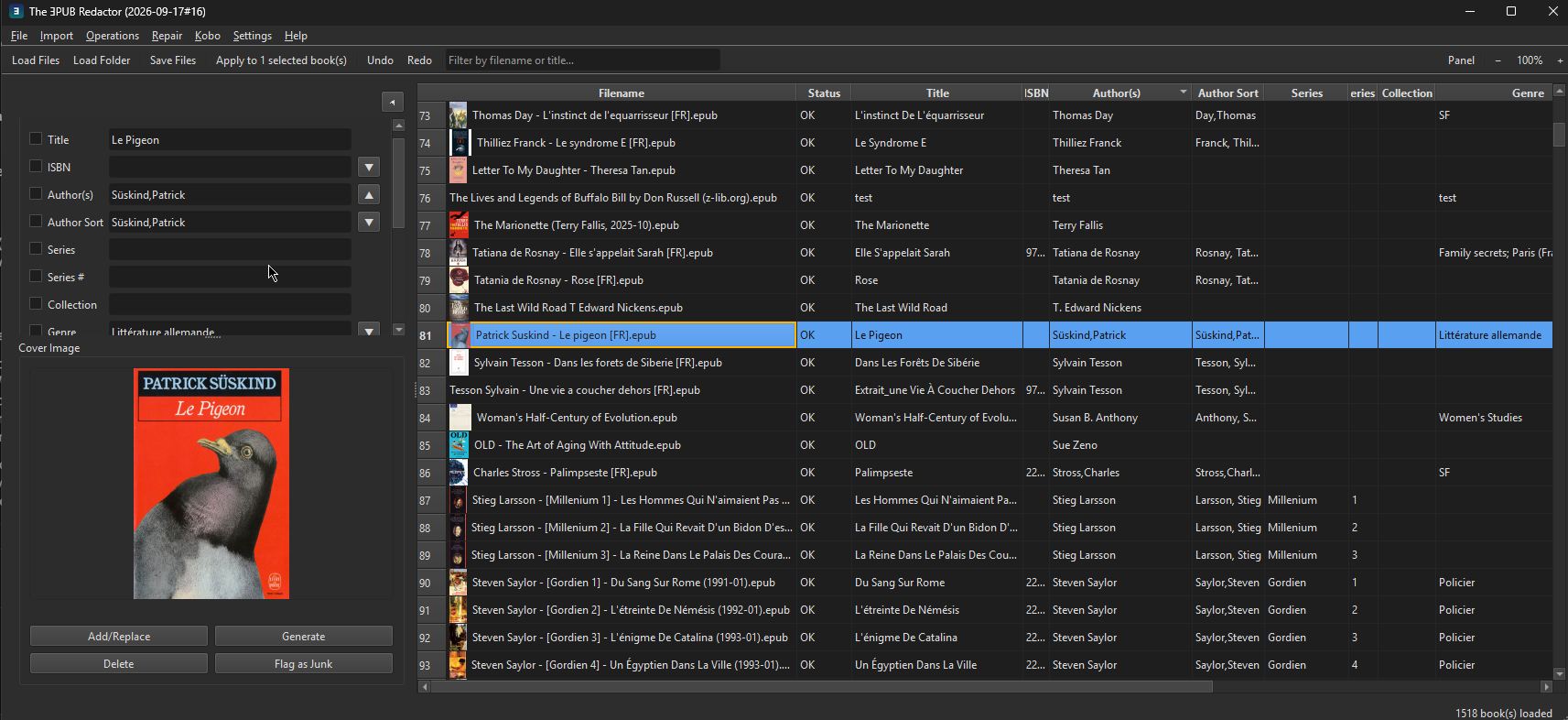 The ƎPUB Redactor's main window: a table of 1518 loaded EPUB books with Filename/Status/Title/ISBN/Author(s)/Series/Genre columns, and the selected book's editable metadata fields and cover image in the left-hand panel.