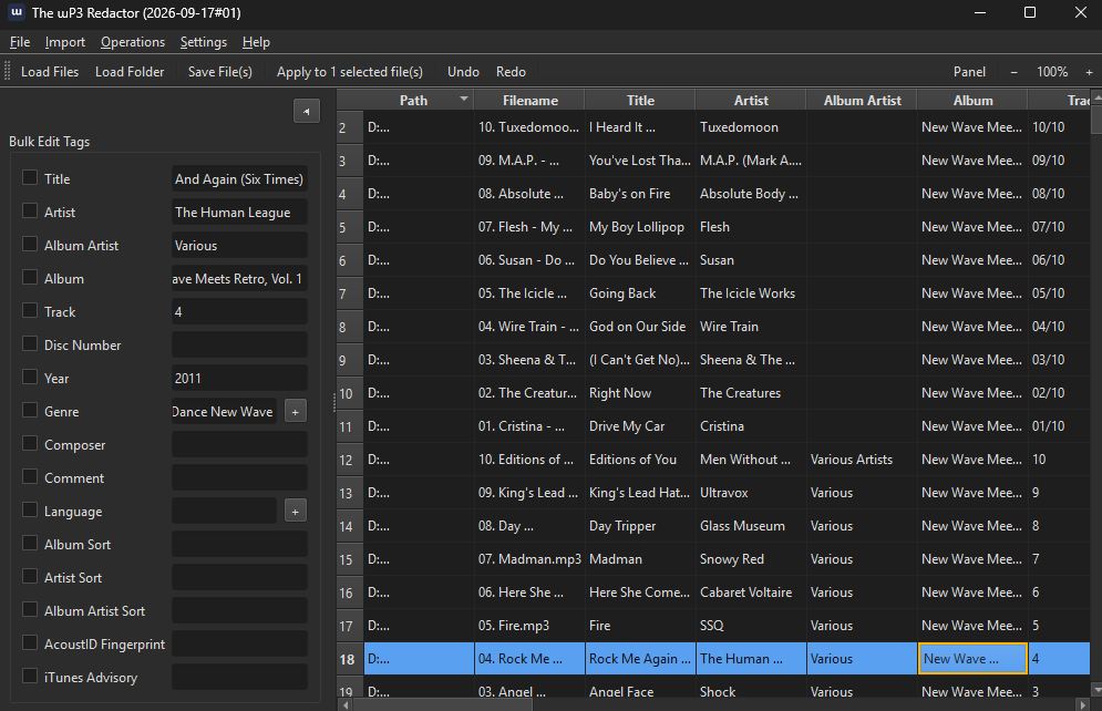 The ɯP3 Redactor's main window: a bulk edit tags panel on the left with Title/Artist/Album Artist/Album/Genre fields, and a loaded MP3 library table on the right with Filename/Title/Artist/Album Artist/Album/Track columns.