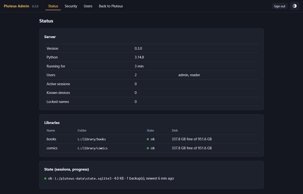 The Pluteus admin page: server version and uptime, the number and names of users, sessions, known devices and locked names, and a libraries table with green status dots and free disk space.