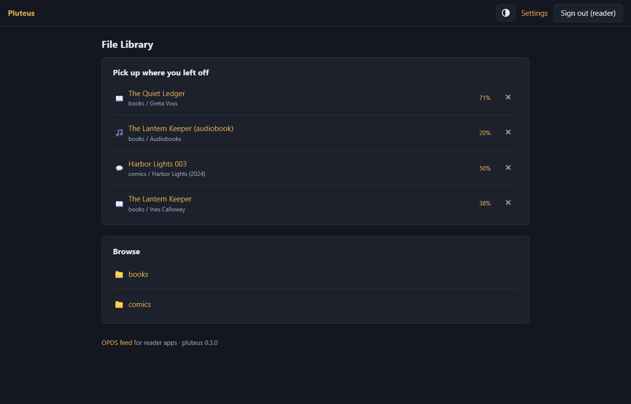 Pluteus home page in dark mode: a File Library heading, a 'Pick up where you left off' box listing two ebooks, an audiobook and a comic with reading percentages, and a Browse box with the books and comics libraries.
