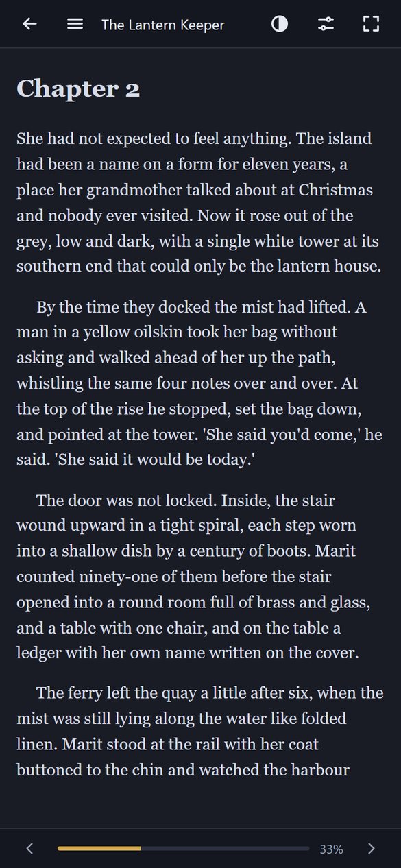 The EPUB reader on a phone showing one column of text, with a progress bar at the bottom.