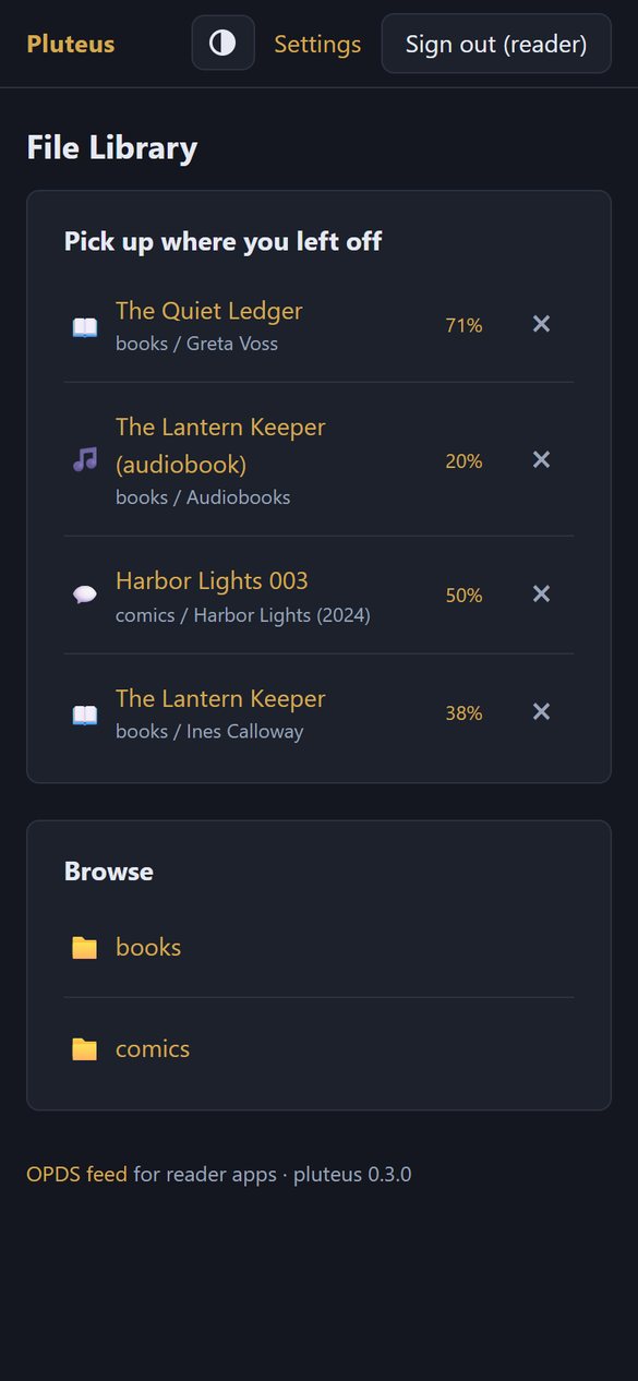 Pluteus on a phone: the File Library home page with the Pick up where you left off box.